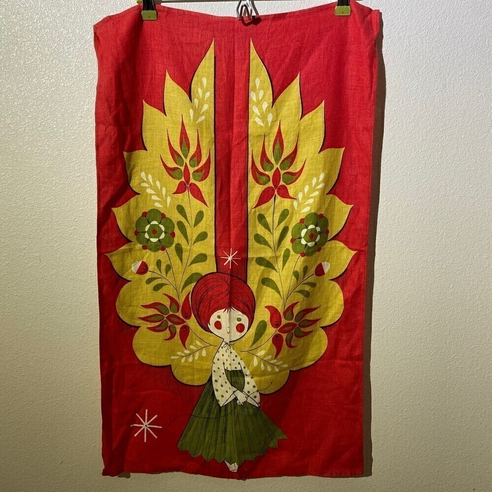 FALLANI & COHN Tea Towel 1950s Linen Christmas Angel Vintage Chuck Gruen